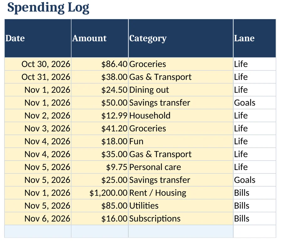 Spending Log tab with sample data: date, amount, category and lane for each entry